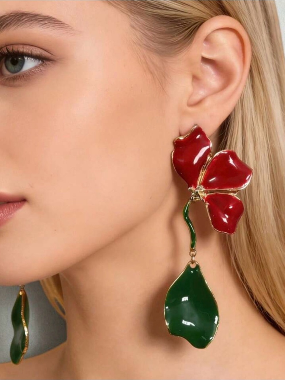 Red and Green Floral Drop Earrings - Women Jewelry